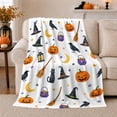 thumbnail image 1 of Halloween Icons with Pumpkins and Black Cats, Playful Holiday Style for Halloween Lovers, Witchy Night Pattern and Halloween Gift, Cozy Flannel Blanket for Playroom and Family Room, Home Decor, 1 of 8