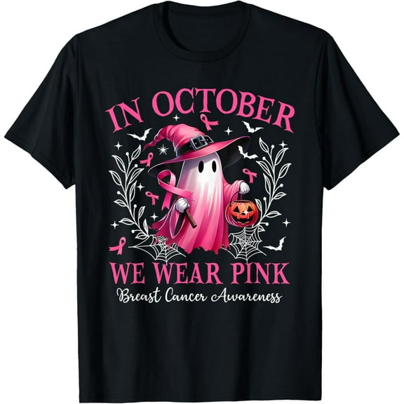 Halloween In October We Wear Pink Ghost Witch Breast Cancer Awareness T-shirt