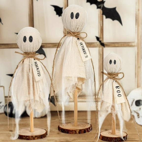 Primitive Halloween Ghosts Set of 3 on Wooden Stand for Indoor Decor, Table Centerpieces, Shelves, Mantels, Rustic Cotton Decorations, beige