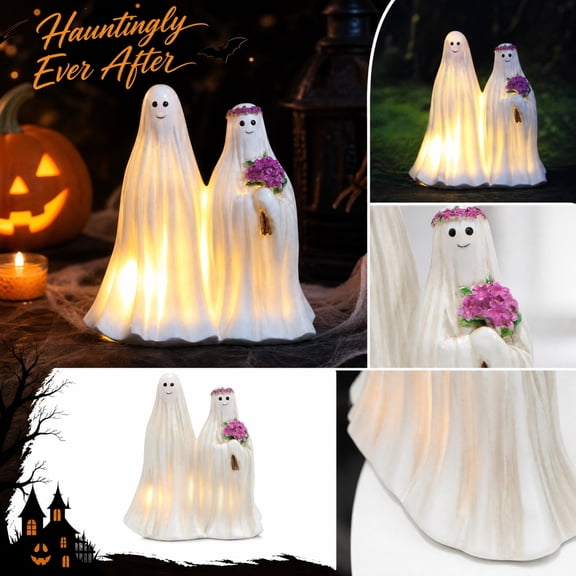 Halloween Indoor Decor, Bride and Groom Ghost Figurine, Led Glowing Resin Couple Statue, Gothic Wedding Halloween Ghost Decor, Cute Spooky Light Up Indoor Halloween Table