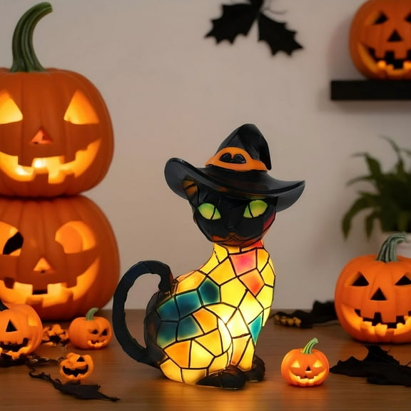 Halloween Indoor Decor Cats Desk Lamp for Halloween Decoration Pumpkin Hat Stained Cats Desk Lamp Warmlights Resin Night Light for Happys Halloweens