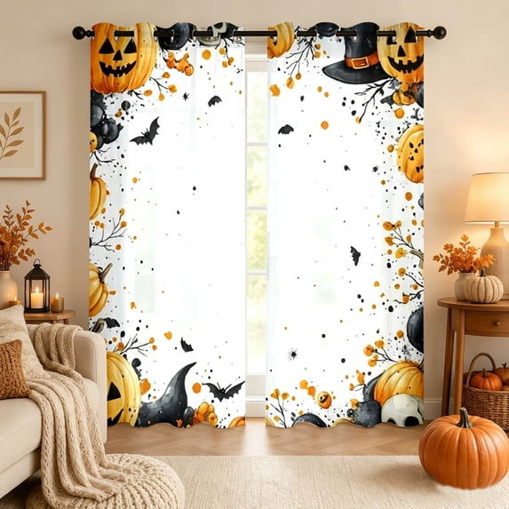 Halloween Indoor Decor Printed Window Curtain Pumpkin Bat Black Cat Pattern Bedroom Living Room Drape