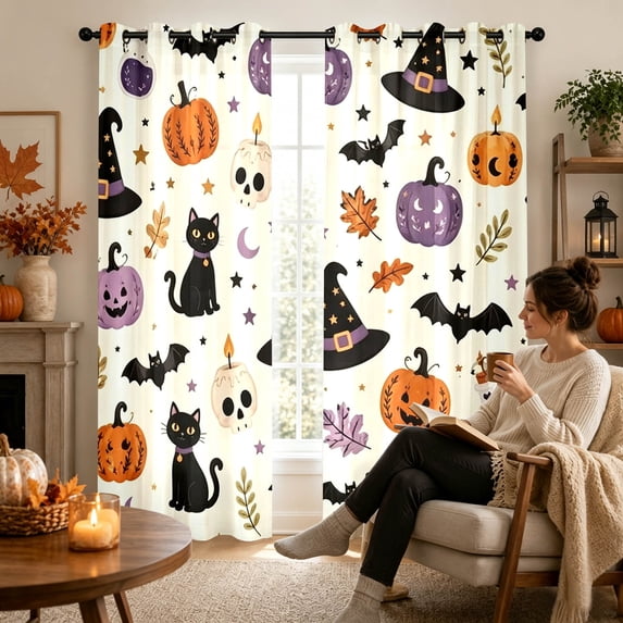 Halloween Indoor Decor Printed Window Curtain Pumpkin Bat Black Cat Pattern Bedroom Living Room Drape
