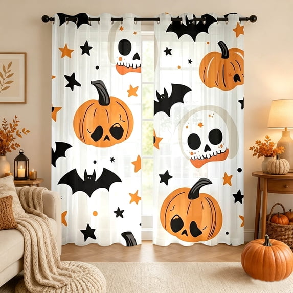 Halloween Indoor Decor Printed Window Curtain Pumpkin Bat Black Cat Pattern Bedroom Living Room Drape