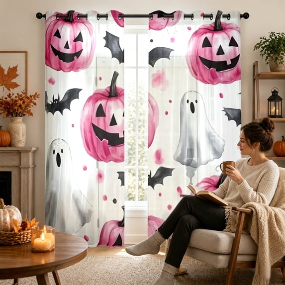 Halloween Indoor Decor Printed Window Curtain Pumpkin Bat Black Cat Pattern Bedroom Living Room Drape