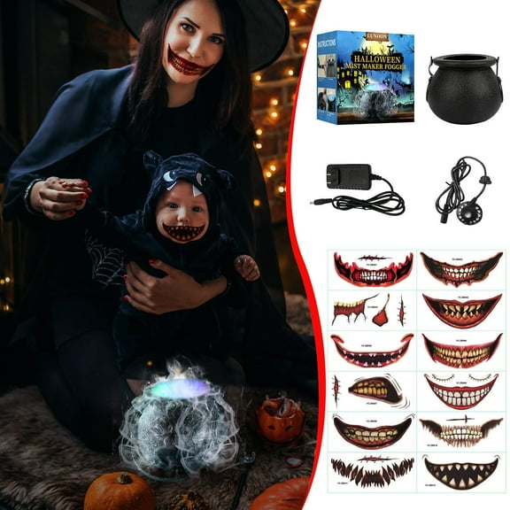 Halloween Indoor Decoration, Ultrasonic Mist Maker Fogger with Black Witch Cauldron Water-proof Frame 12 LED Light Flashes for Halloween Decor (Complimentary Tattoo Sticker Included)