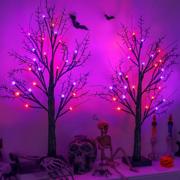 Halloween Indoor Decorations 2 Pack 24 Inch Black Halloween Tree with 24 Orange Purple Led Lights, Timer/USB/Battery Operated Lighted Spooky Tabletop Tree for Halloween Decor Home Table Holiday Party