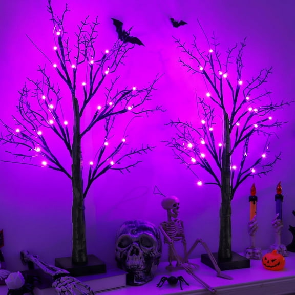Halloween Indoor Decorations 2 Pack 24 Inch Black Halloween Tree with 24 Purple Led Lights, Timer/USB/Battery Operated Lighted Spooky Tabletop Tree for Halloween Decor Home Table Holiday Party