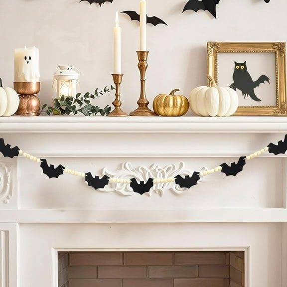 Halloween Indoor Decorations -Black Felt Bats Wood Beads Garland for Halloween Decor- Farmhouse Felt Banner for Fireplace Mantel Walls