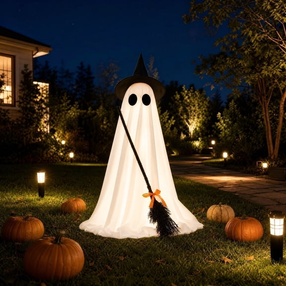 Halloween Indoor Ghost Decor, Lighted DIY Standing Witch Ghost with Hat & Broom, Spooky LED Ghost Light for Mantel Fireplace Halloween Party Decor