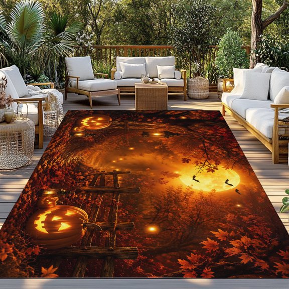 Halloween Indoor Outdoor Rugs 4x6 Ft, Autumn Harvest Carved Pumpkins Maple Orange Moon Outdoor Patio Rug Mat Washable Outside Area Rugs Carpet for Porch Deck RV Camping Pool Balcony Backyard