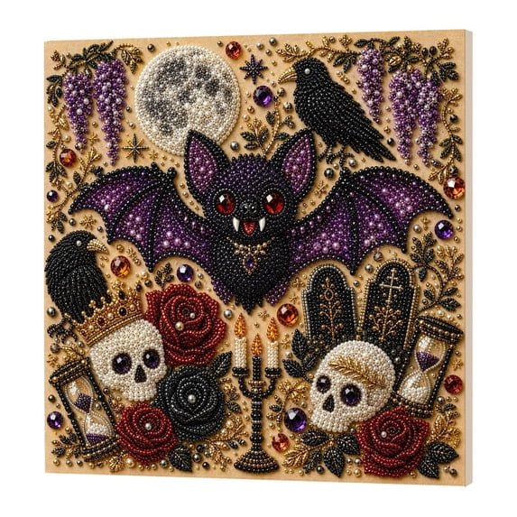Halloween Indoor Wall Decor 7.87 Inch Special Shaped Crystal Bead Diamond Art Painting Canvas Kit with Bat Skull Moon Crow for Home Living Room Entryway Decor