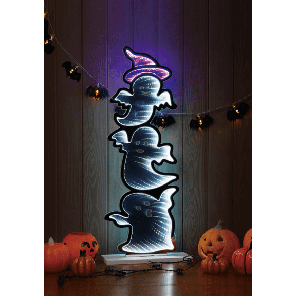 Halloween Infinity Ghost LED Decoration, 24" Indoor Lighted Ghost Stack with Timer, Multicolor Infinity Tabletop Halloween Decor for Home Party Shelf Mantel