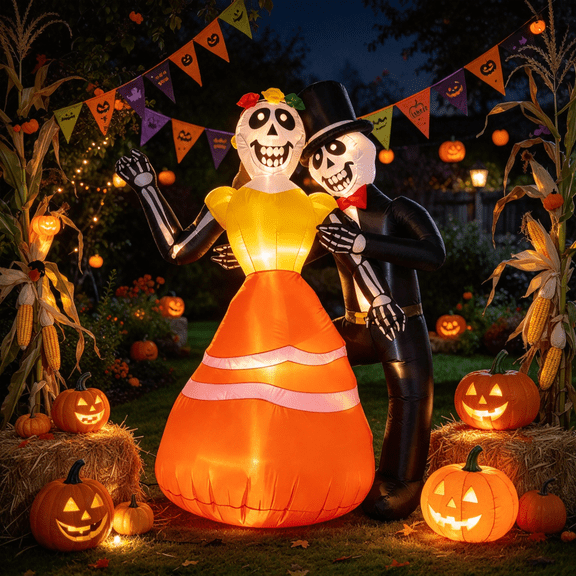 Halloween Inflatable Dancing Skeleton Couple, Day Of The Dead Blow Up Yard Decoration, Waterproof PVC With Built In Led Lights, For Lawn Patio And Halloween Party Display