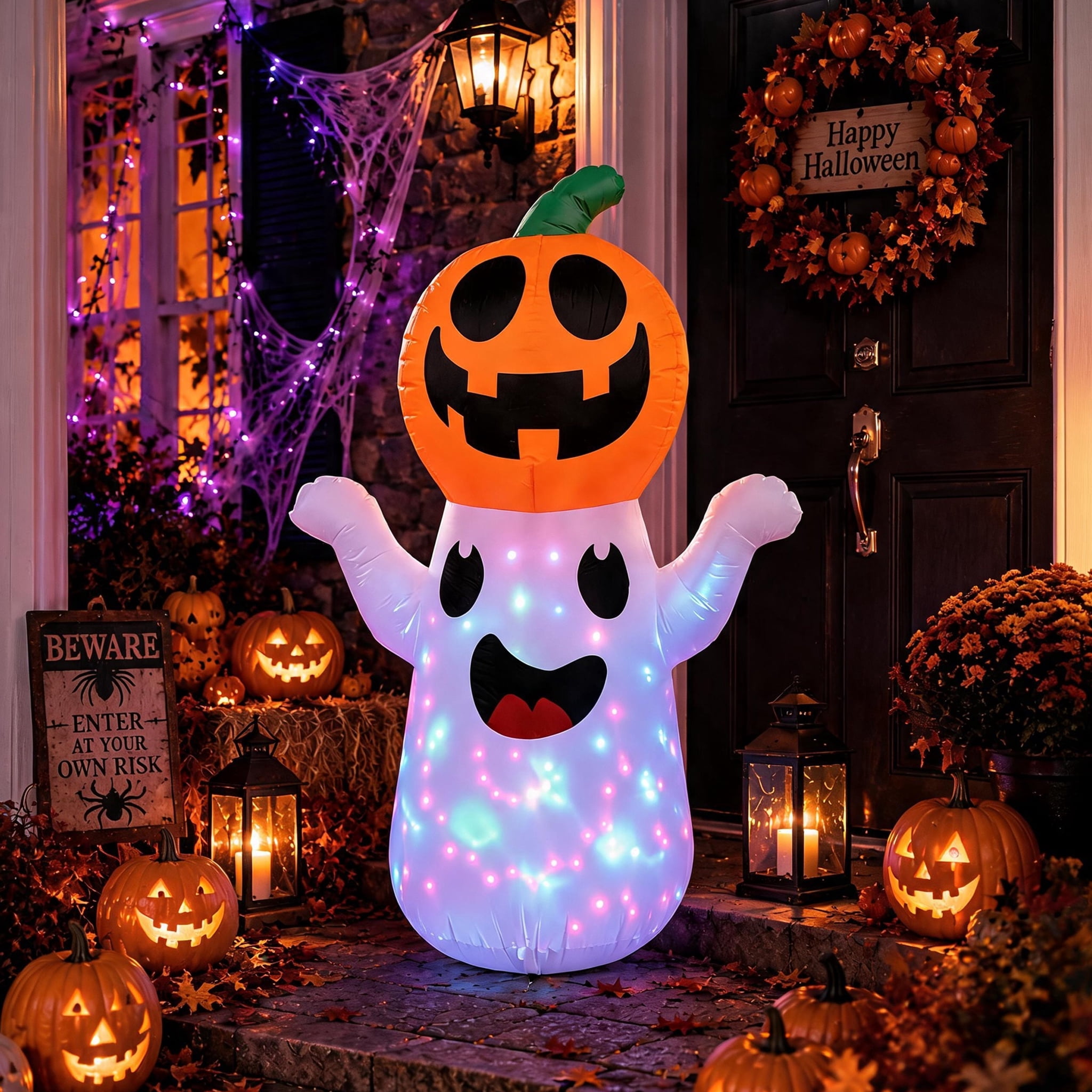 GARITIN Halloween Inflatable Decorations, 5.48 FT Blow Up Ghost with Pumpkin Head, Rotating LED Lights Waterproof Polyester Outdoor Yard Decor