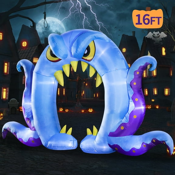 Halloween Inflatable Decorations, Blow Up Archway Octopus Tentacles Blue Decor, Day of Dead build-in LEDs