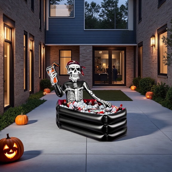 Halloween Inflatable Ice Bucket Summer Drink Cooler with Skeleton Pirate Coffin Design Large Capacity Beverage Holder for Outdoor Halloween Party Decoration