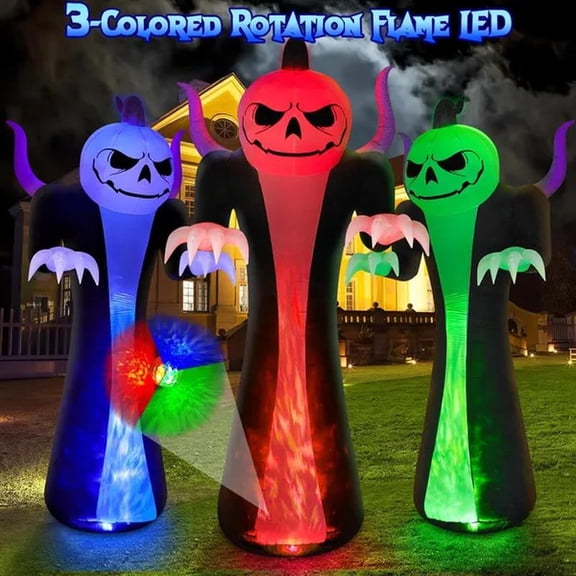 Halloween Inflatables Decoration Outdoor Giant Pumpkin Reaper Ghost with Rotation Flame LEDs Spooky Blow Up Yard Decorations