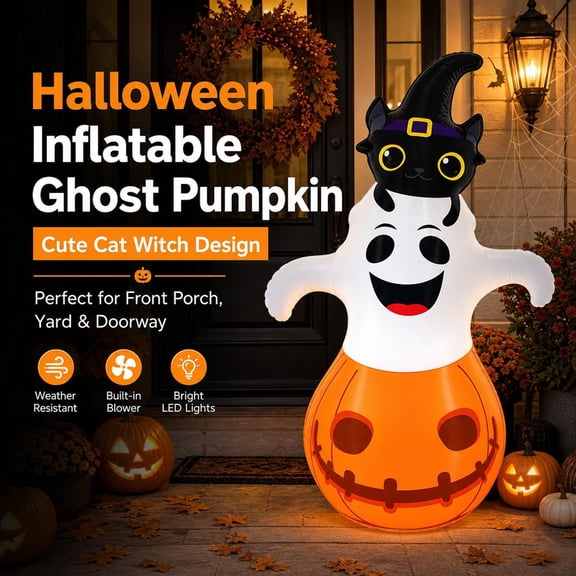 Halloween Inflatables Halloween Outdoor Decorations, 4.2 Foot Light-Up Pumpkin Ghost Airblown with Self-Inflating Build for Yard Lawn Porch Pathway Festive Spooky Silhouette