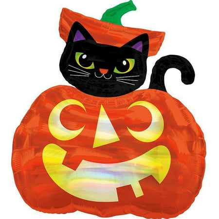 Halloween Iridescent Cat Pumpkin 28 Inch Foil Mylar Balloon [39987]