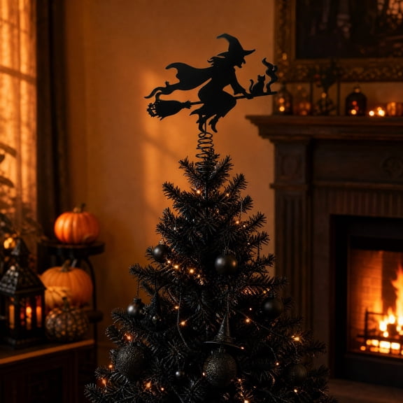 Halloween Iron Witch Tree Topper Black Metal Bat Star Spring Base Mini Tree Decor