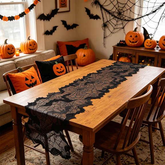 Halloween Irregular Jagged Table Runner Mesh Spider Web Design Spooky Gothic Table Cover Decorative Party Cloth Durable Reusable Accent For Dining Table Mantel Home Halloween Event Decoration