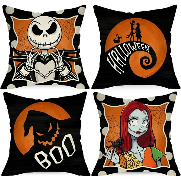 Halloween Jack Decorative Throw Pillow Covers 16 x 16 Set of 4, Sally Ghost Boo Black Cushion Case Decor, Polka Dots Funny Holiday Home Decoration for Sofa Couch