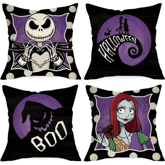 Halloween Jack Decorative Throw Pillow Covers 18 x 18 Set of 4, Purple Black Sally Monster Boo Cushion Case Decor, Funny Holiday Polka Dot Home Decoration for Sofa Couch