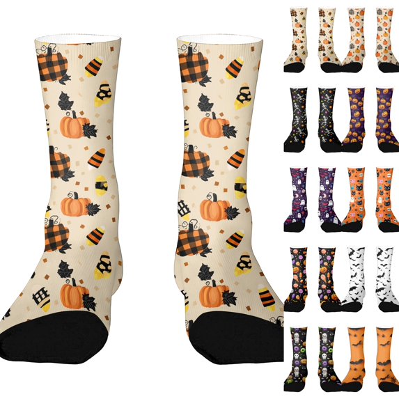 Halloween Lantern Pumpkin Print Socks, All Over Pumpkin Print Mid Calf Socks, Classic Novelty Socks for Halloween Celebration and Daily Outfit Beige