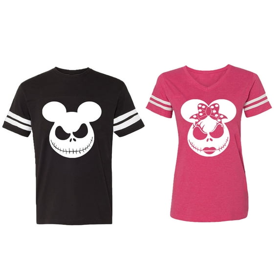 Halloween Jack Mouse Ears Matching Couple Cotton Jerseys (Men Black / Women Pink) (Men XL / Women XL)