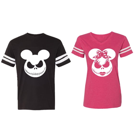 Halloween Jack Mouse Ears Matching Couple Cotton Jerseys (Men Black / Women Pink) (Men XL / Women XXL)