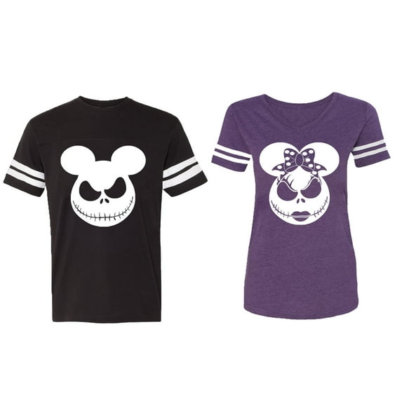 Halloween Jack Mouse Ears Matching Couple Cotton Jerseys (Men Black / Women Purple) (Men XXL / Women L)