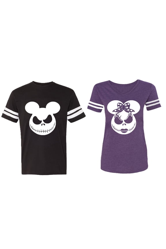 Halloween Jack Mouse Ears Matching Couple Cotton Jerseys (Men Black / Women Purple) (Men XXL / Women XL)