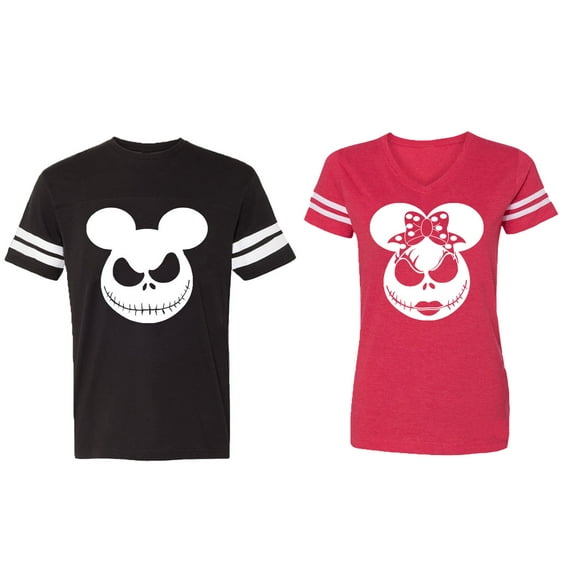 Halloween Jack Mouse Ears Matching Couple Cotton Jerseys (Men Black / Women Red) (Men XXL / Women L)