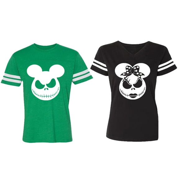 Halloween Jack Mouse Ears Matching Couple Cotton Jerseys (Men Green / Women Black) (Men XL / Women XL)
