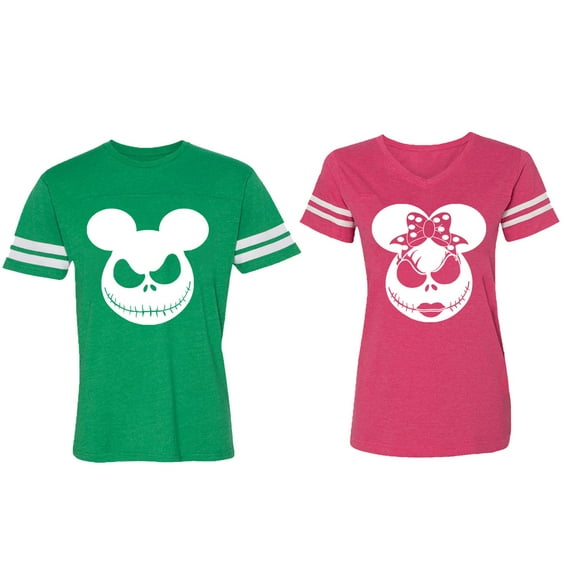 Halloween Jack Mouse Ears Matching Couple Cotton Jerseys (Men Green / Women Pink) (Men XXXL / Women XXL)