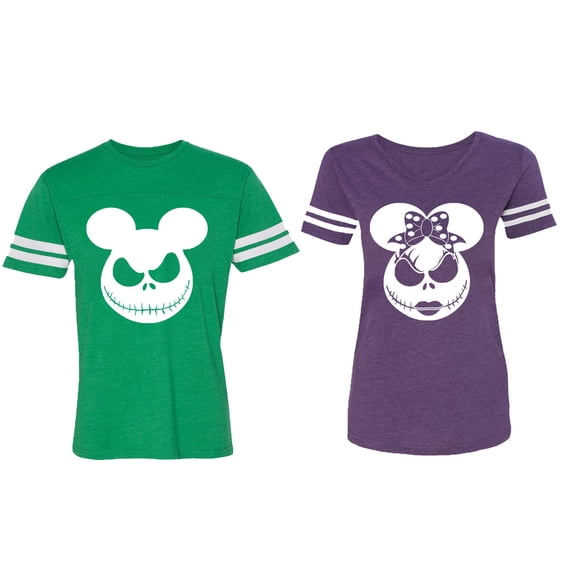 Halloween Jack Mouse Ears Matching Couple Cotton Jerseys (Men Green / Women Purple) (Men XXL / Women S)