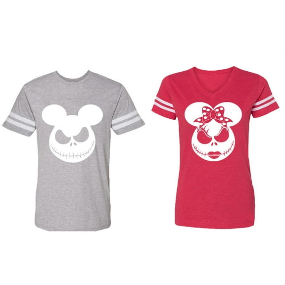 Halloween Jack Mouse Ears Matching Couple Cotton Jerseys (Men Heather / Women Red) (Men XXL / Women XL)