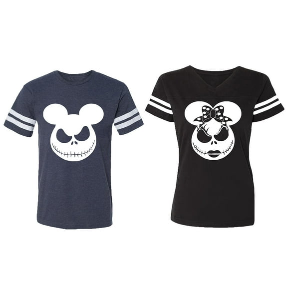 Halloween Jack Mouse Ears Matching Couple Cotton Jerseys (Men Navy / Women Black) (Men S / Women S)