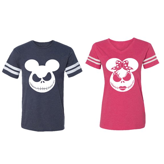 Halloween Jack Mouse Ears Matching Couple Cotton Jerseys (Men Navy / Women Pink) (Men L / Women XL)