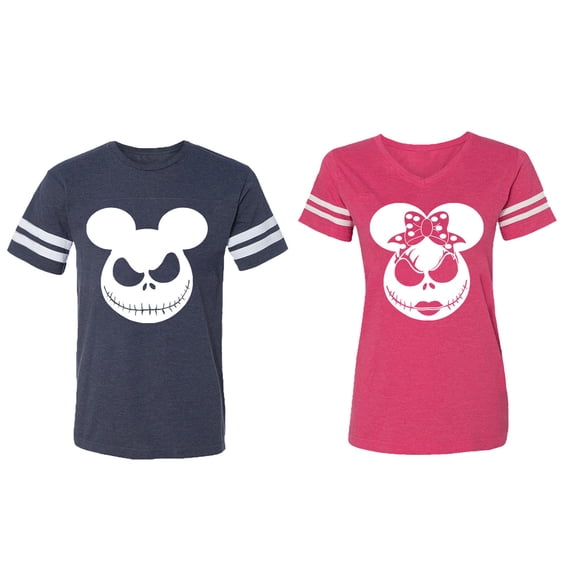 Halloween Jack Mouse Ears Matching Couple Cotton Jerseys (Men Navy / Women Pink) (Men S / Women M)