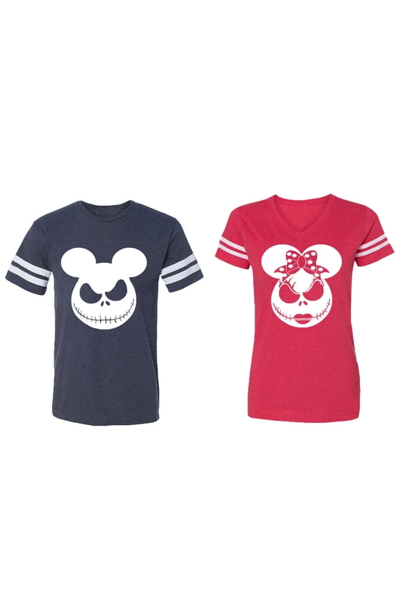 Halloween Jack Mouse Ears Matching Couple Cotton Jerseys (Men Navy / Women Red) (Men XL / Women XL)
