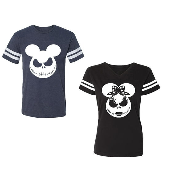 Halloween Jack Mouse EarsUnisex Couple Matching Cotton Jersey style T-Shirt Contrasting stripes on sleeves (Men Navy / Women Black) (Men S / Women S)