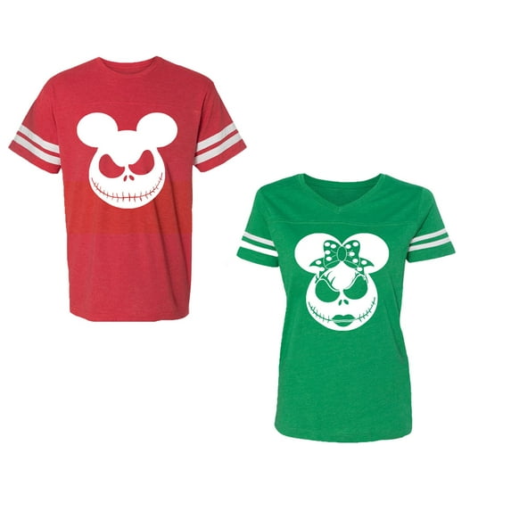 Halloween Jack Mouse EarsUnisex Couple Matching Cotton Jersey style T-Shirt Contrasting stripes on sleeves (Men Red / Women Green) (Men L / Women S)