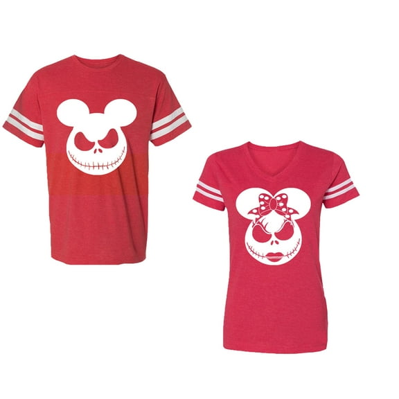 Halloween Jack Mouse EarsUnisex Couple Matching Cotton Jersey style T-Shirt Contrasting stripes on sleeves (Men Red / Women Red) (Men XXL / Women S)