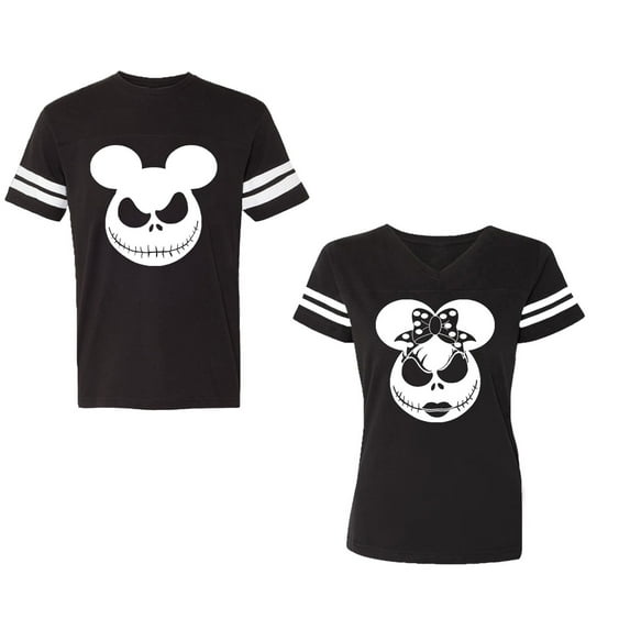 Halloween Jack Mouse EarsUnisex Couple Matching Cotton Jersey style T-Shirt Contrasting stripes on sleeves (Men Black / Women Black) (Men S / Women S)