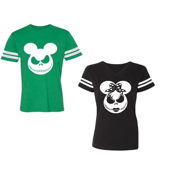 Halloween Jack Mouse EarsUnisex Couple Matching Cotton Jersey style T-Shirt Contrasting stripes on sleeves (Men Green / Women Black) (Men L / Women S)