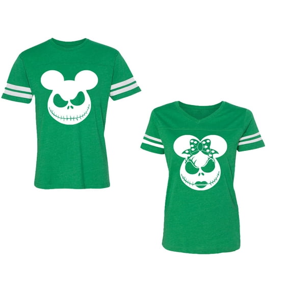 Halloween Jack Mouse EarsUnisex Couple Matching Cotton Jersey style T-Shirt Contrasting stripes on sleeves (Men Green / Women Green) (Men M / Women L)