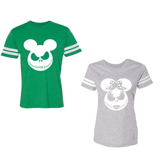 Halloween Jack Mouse EarsUnisex Couple Matching Cotton Jersey style T-Shirt Contrasting stripes on sleeves (Men Green / Women Heather) (Men M / Women XL)