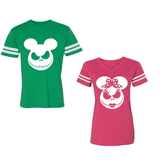 Halloween Jack Mouse EarsUnisex Couple Matching Cotton Jersey style T-Shirt Contrasting stripes on sleeves (Men Green / Women Pink) (Men XXXL / Women XXL)